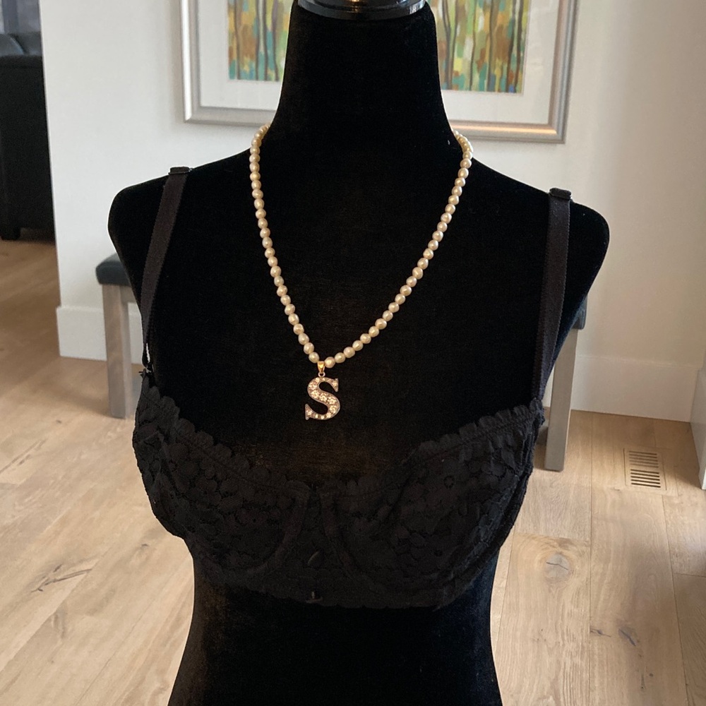 Black Floral Lace Bra with Fabric Covered Buttons